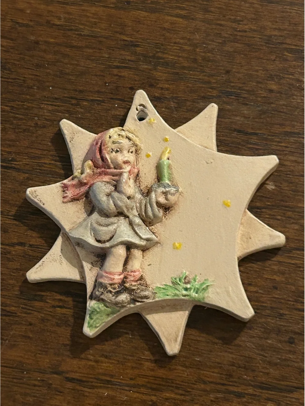 Vintage Ceramic Star-Shaped Ornament with Girl Holding Candle
